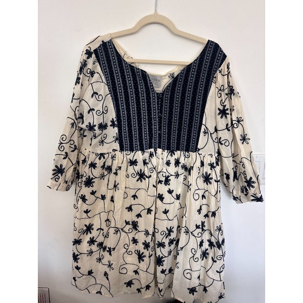 Hayden Bohemian Embroidered Peasant Dress White Navy Large